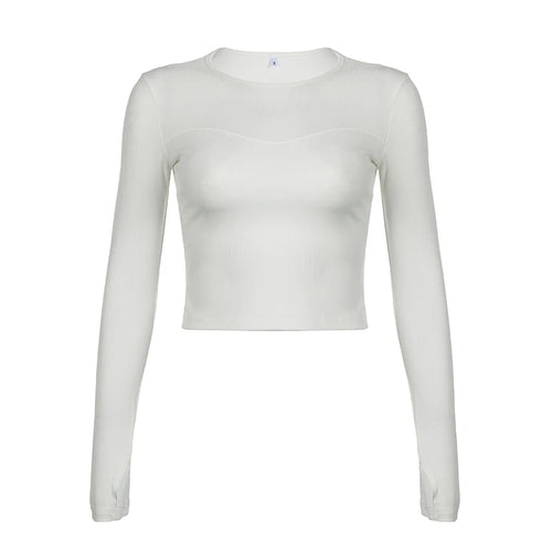 Load image into Gallery viewer, Casual White Skinny Stitch Long Sleeve Women T shirts Solid Basic Crop Top O-Neck All-Match Fashion Korean Tee Shirts
