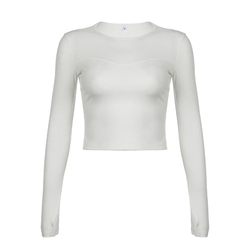 Casual White Skinny Stitch Long Sleeve Women T shirts Solid Basic Crop Top O-Neck All-Match Fashion Korean Tee Shirts