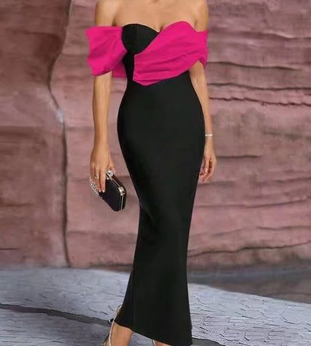 Hit Color Slimming Long Dresses For Women Slash Neck Sleeveless High Waist Temperament Dress Female Fashion Style