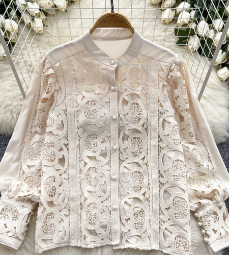 French Women Solid Lace Single Breasted Shirt 2024 Spring Autumn Vintage Ladies Long Sleeve Festival Blouses Fashion Tops Simple