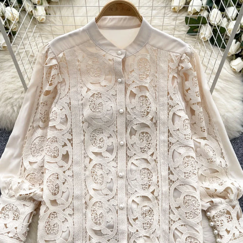 Load image into Gallery viewer, French Women Solid Lace Single Breasted Shirt 2024 Spring Autumn Vintage Ladies Long Sleeve Festival Blouses Fashion Tops Simple

