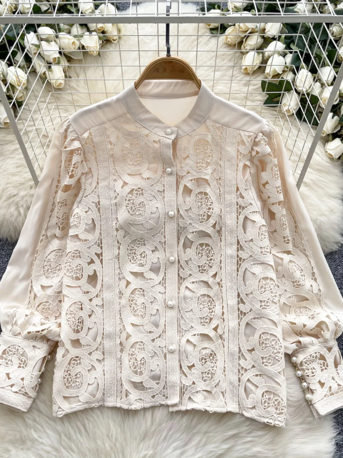French Women Solid Lace Single Breasted Shirt 2024 Spring Autumn Vintage Ladies Long Sleeve Festival Blouses Fashion Tops Simple