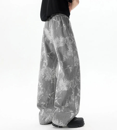 Men's Jeans New Summer New Korean Tide Flower Printed Design Loose Personalized Trendy Male Elastic Waist Trousers 9W1643