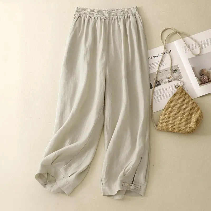 Summer Beige Cotton Straight Wide Leg Ankle-length Lantern Pants Women Pink Green Casual Loose Elastic High Waist Large Size New
