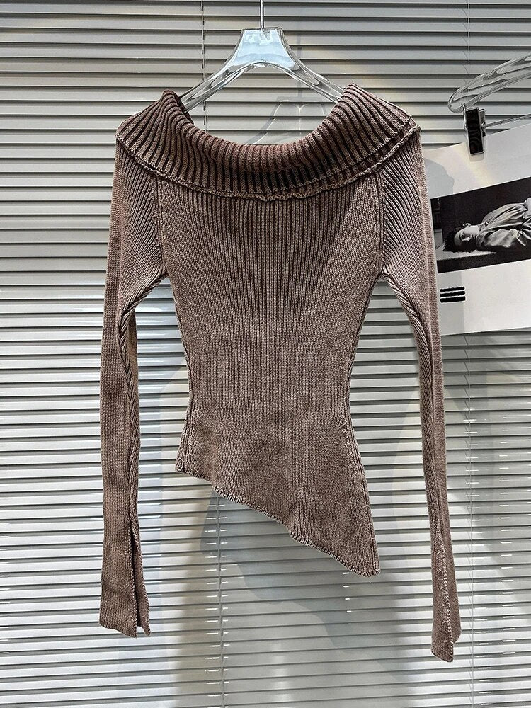 Solid Knitting Sweaters For Women Slash Neck Long Sleeve Patchwork Belt Slimming Chic Sweater Female Fashion Style