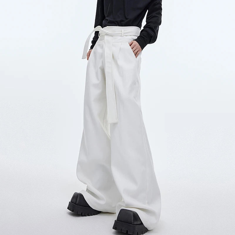 High Waist Lace-up Male Causal Suit Pants Niche Design Solid Color Men's Wide Leg Trousers Personality New Spring 9C4012