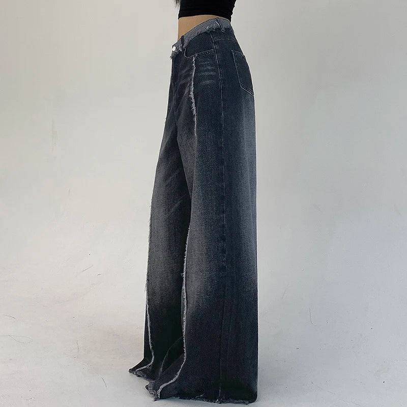 Streetwear Vintage Stripe Stitched Flared Jeans Women Harajuku Distressed Grunge CaprisY2K Burr Denim Trousers Baggy