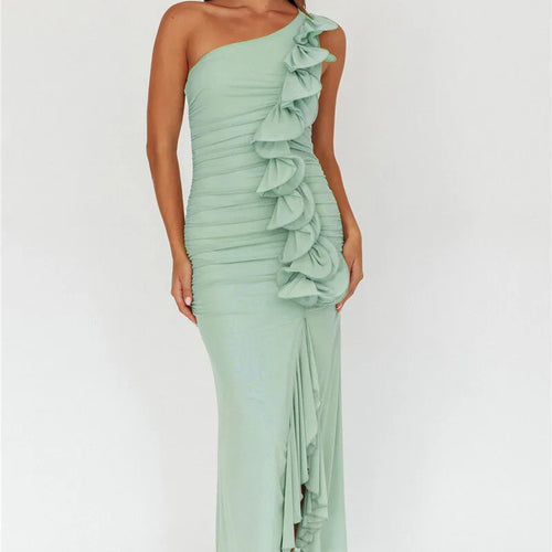 Load image into Gallery viewer, One Shoulder Draped Ruffle Maxi Dress Women Gown Fashion Diagonal Collar Backless Sleeveless Split Long Dress Elegant
