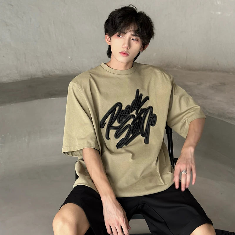 Man's Short Sleeved T-shirt Summer Letter Embroidery Loose Casual Fashion Trend Crew-neck Niche Design Male Top 9C5570