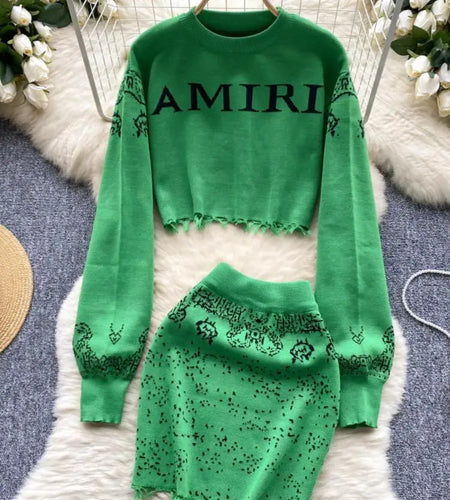 Autumn Winter Women Green Red Patchwork Long Sleeve Knitted Pullover Sweater Tops And High Waist Short Skirt Two Pieces Set Chic