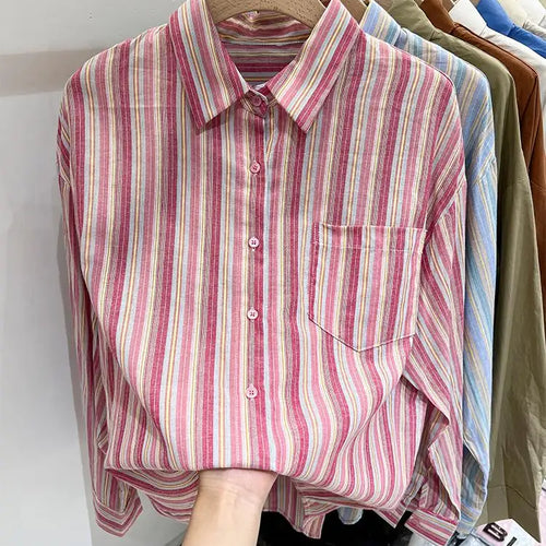 Load image into Gallery viewer, Women Pink Striped Loose Blouse 2023 Office Turn-down Collar Long Sleeve Vintage Blue Patchwork Single Breasted Top Shirt Autumn
