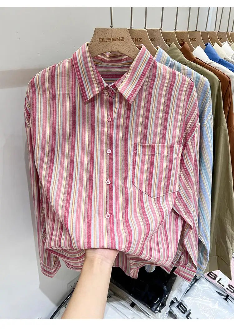 Women Pink Striped Loose Blouse 2023 Office Turn-down Collar Long Sleeve Vintage Blue Patchwork Single Breasted Top Shirt Autumn