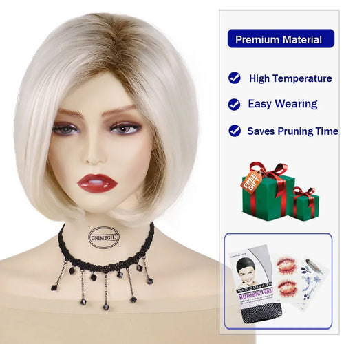 Load image into Gallery viewer, Synthetic Short Bob Wig with Side Bangs Natural Hairstyles Platinum Blonde Wig with Dark Roots Old Lady Wig Mother Gift
