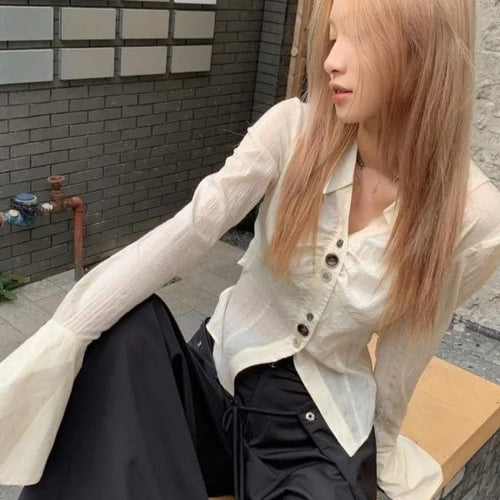 Load image into Gallery viewer, Y2k Aesthetic Pleated Flare Sleeve Women Blouse Sexy Single Breasted Slim Grunge Solid Shirt Harajuku Crop Streetwear Blusas
