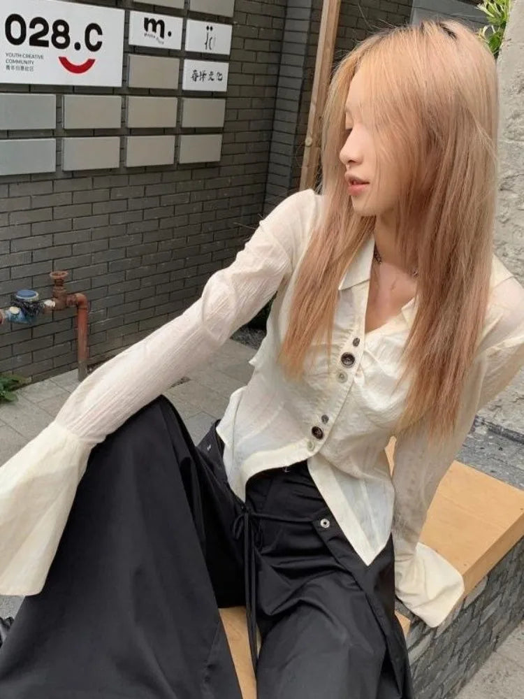 Y2k Aesthetic Pleated Flare Sleeve Women Blouse Sexy Single Breasted Slim Grunge Solid Shirt Harajuku Crop Streetwear Blusas