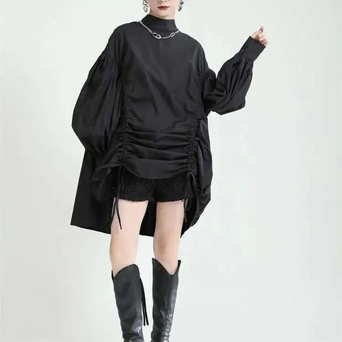 Load image into Gallery viewer, Women Balck Irregular Drawstring Big Size Dress New Stand Collar Long Sleeve Loose Fit Fashion Spring Autumn 2025 1Z18901
