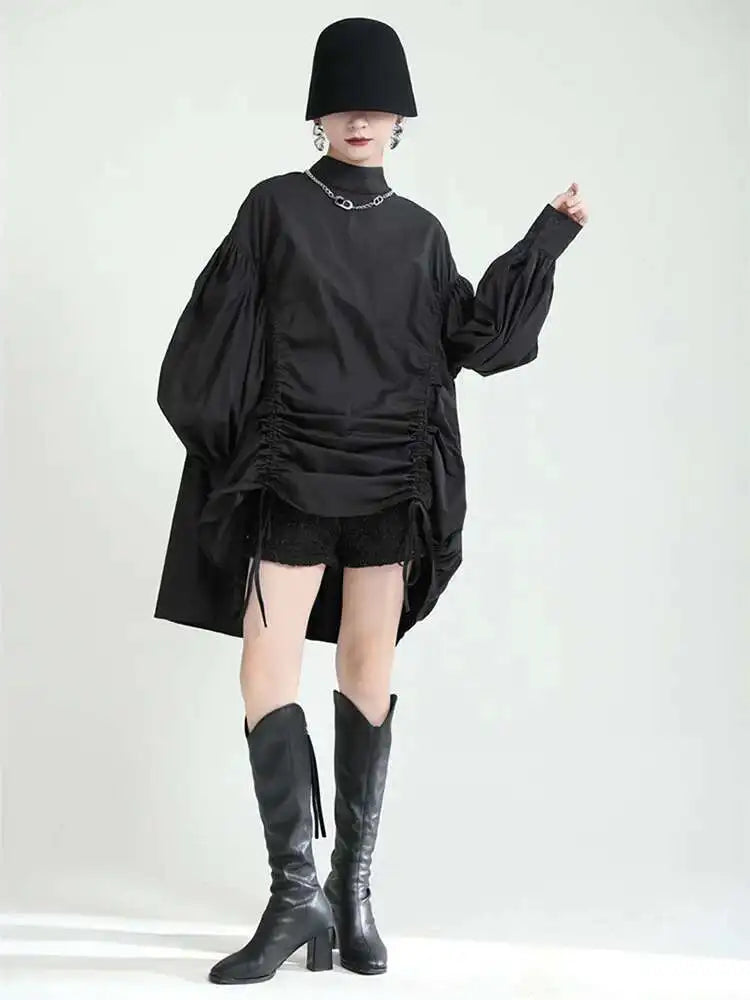 Women Balck Irregular Drawstring Big Size Dress New Stand Collar Long Sleeve Loose Fit Fashion Spring Autumn 2025 1Z18901