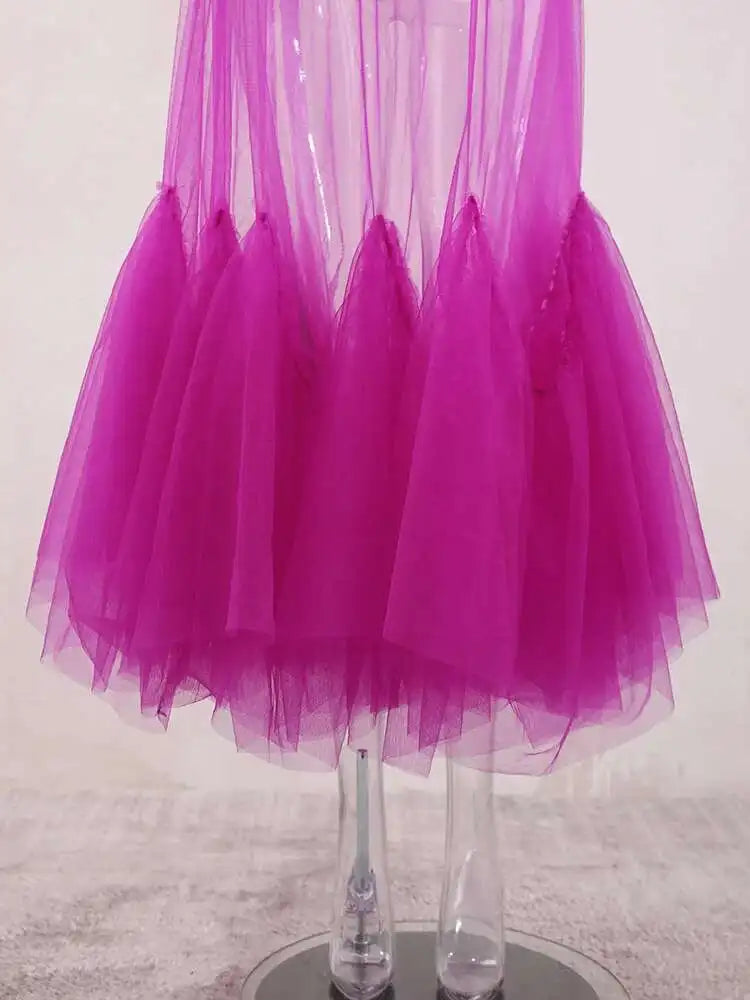 Women Purple Ruffles Mesh Perspective Big Size Long Dress New Round Neck Half Sleeve Fashion Spring Summer 2025 JR7711