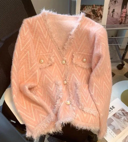 Korean White Imitation Mink Knitted Tops Women Spring Autumn Soft Cardigan Pink Sweater Casual Green Tassel Design Stripe Coat