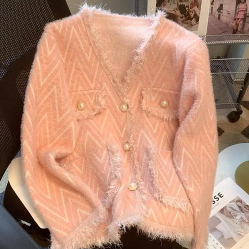 Load image into Gallery viewer, Korean White Imitation Mink Knitted Tops Women Spring Autumn Soft Cardigan Pink Sweater Casual Green Tassel Design Stripe Coat
