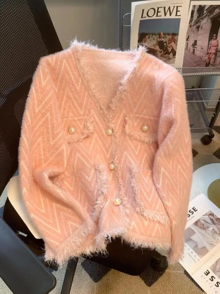 Korean White Imitation Mink Knitted Tops Women Spring Autumn Soft Cardigan Pink Sweater Casual Green Tassel Design Stripe Coat