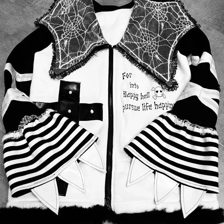 Gothic Jackets Women Striped Lace Patchwork Y2k Aesthetic Grunge Coats Harajuku  Loose Punk Streetwear Jacket