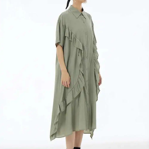 Load image into Gallery viewer, Women Green Irregular Ruffles Big Size Midi Shirt Dress New Lapel Short Sleeve Fashion Tide Spring Summer 2025 1DH6080
