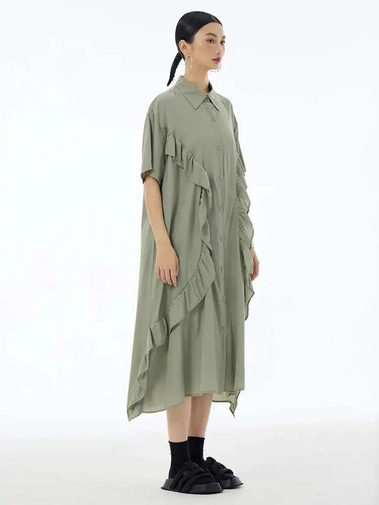 Women Green Irregular Ruffles Big Size Midi Shirt Dress New Lapel Short Sleeve Fashion Tide Spring Summer 2025 1DH6080