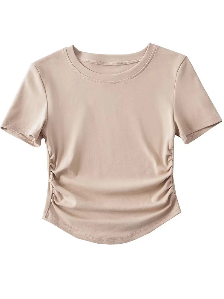 2024 Harajuku Women Crew Neck Short Sleeve Cotton Tee With Ruched Sides Detail T-shirts