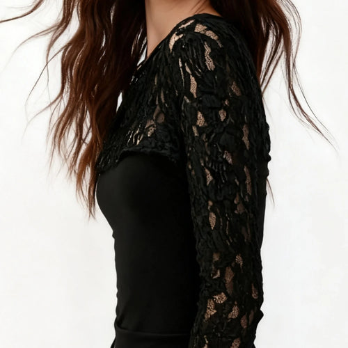 Load image into Gallery viewer, y2k Tops Women Sheer Lace Patchwork Round Neck Long Sleeve T Shirts Streetwear
