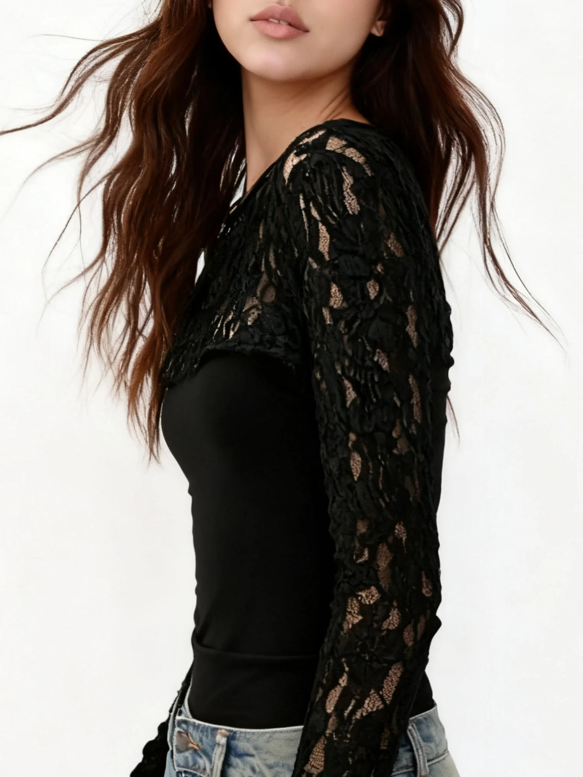 y2k Tops Women Sheer Lace Patchwork Round Neck Long Sleeve T Shirts Streetwear