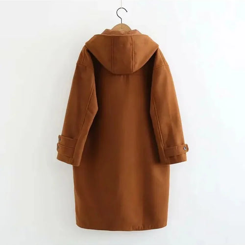 Load image into Gallery viewer, Solid Horn Button Long Straight Hooded Wool Coats Women Winter  Sleeve Korean Casual Ladies Warmness Vintage Outwear
