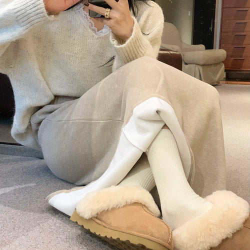 Load image into Gallery viewer, Autumn Winter New Solid Velvet High Waist Long Skirt Women Korean Fashion Elegant Vacation Drawstring Lace-up A-line Thick Skirt
