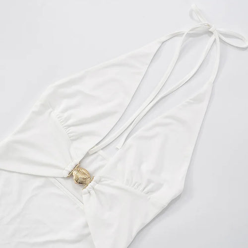 Load image into Gallery viewer, Hollow Out Deep V Neck Sexy Mini Dress Women Summer New Metal Shell Sleeveless Backless Ruffle Club Party Dress 2025
