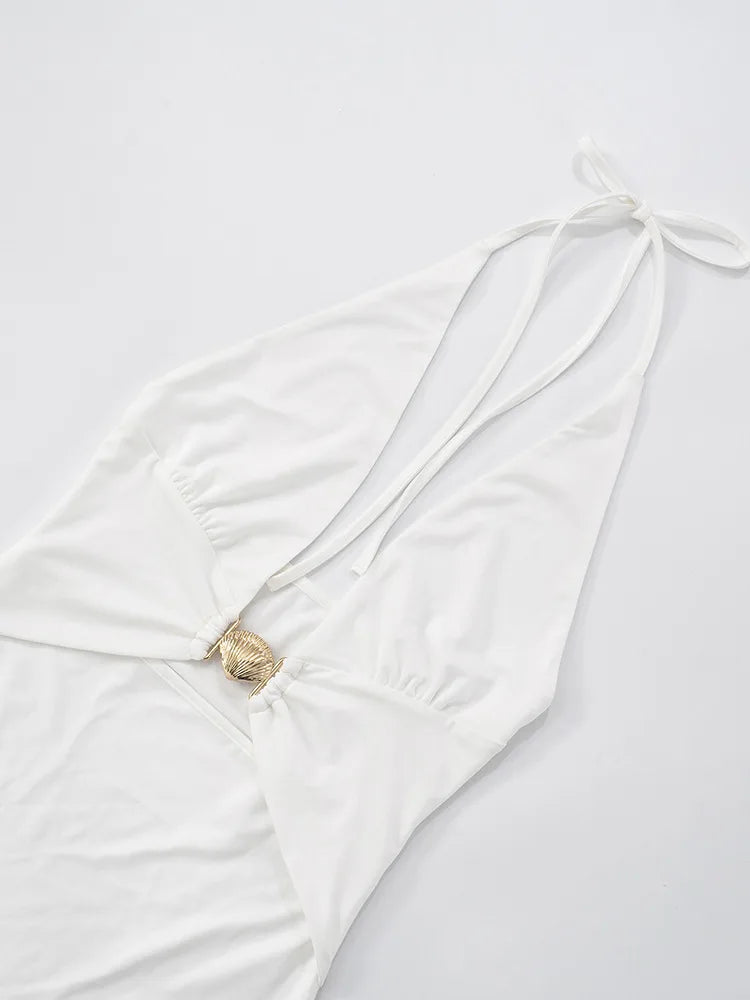 Hollow Out Deep V Neck Sexy Mini Dress Women Summer New Metal Shell Sleeveless Backless Ruffle Club Party Dress 2025