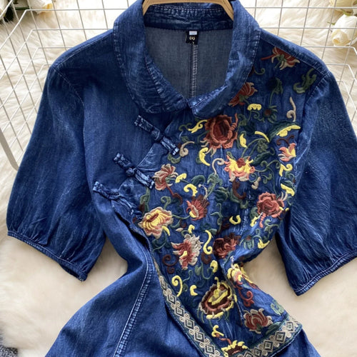 Load image into Gallery viewer, Vintage Chinese Style Summer Blue Embroidery Pleated Denim Long Dress Women Elegant Short Sleeve Princess Party Evening Dresses
