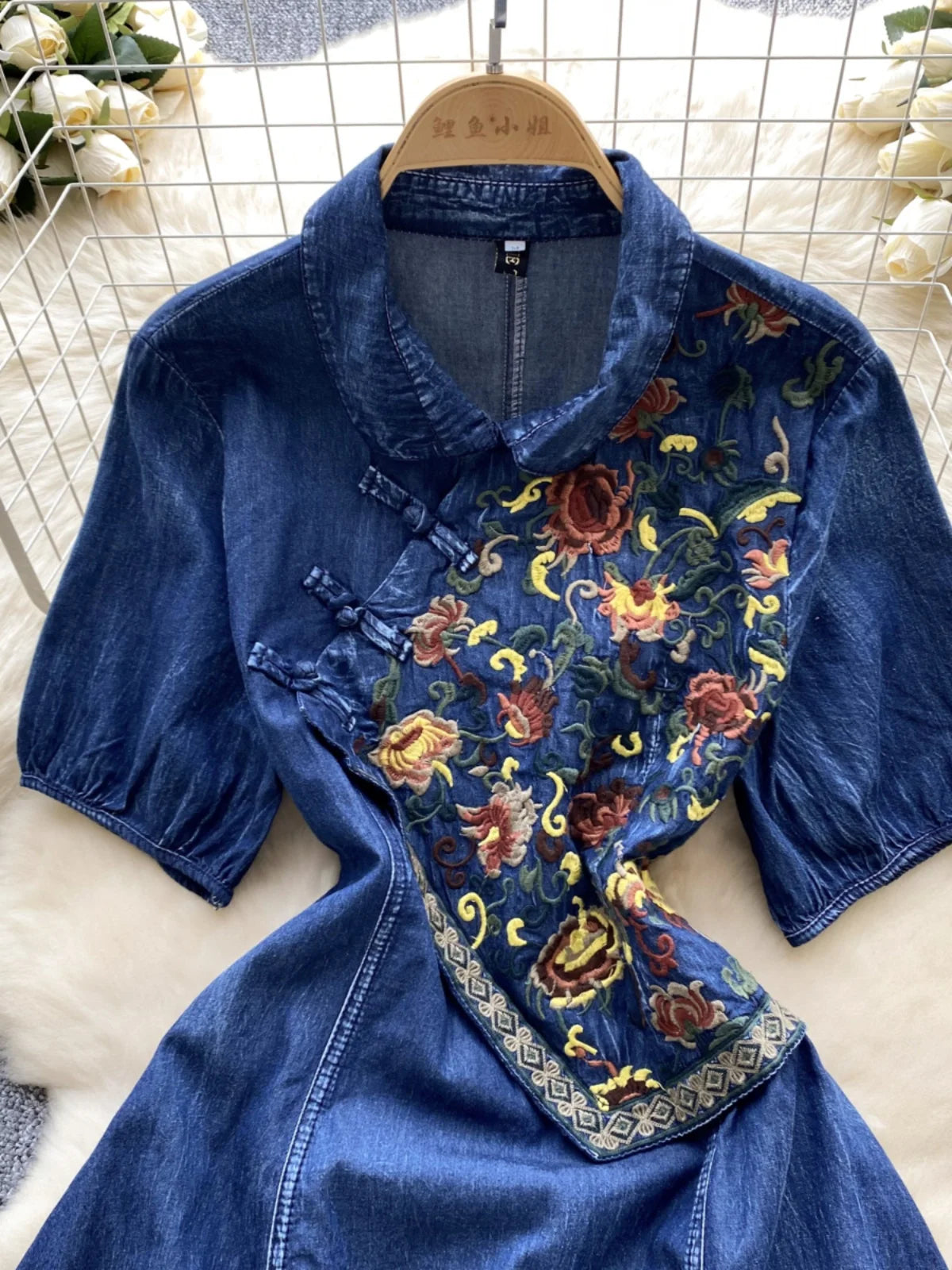 Vintage Chinese Style Summer Blue Embroidery Pleated Denim Long Dress Women Elegant Short Sleeve Princess Party Evening Dresses