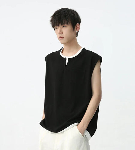 Men's Sleeveless T-shirt Summer Korean Style Version Contrast Color Patchwork Fake Two-piece Casual Male Top C5599