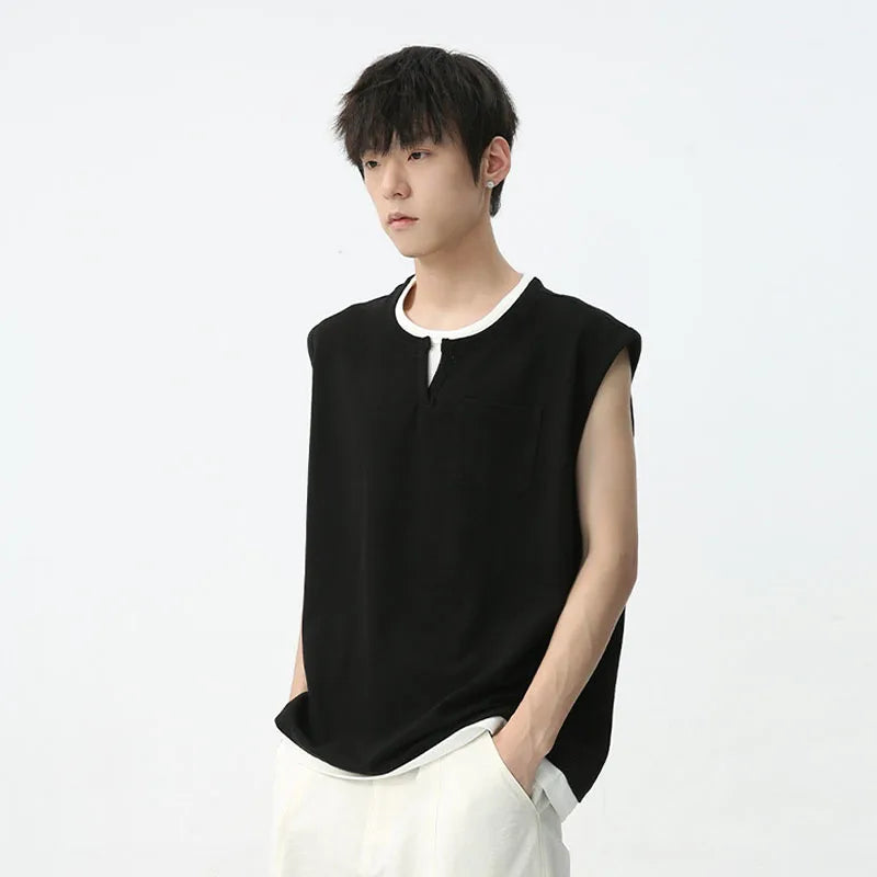 Men's Sleeveless T-shirt Summer Korean Style Version Contrast Color Patchwork Fake Two-piece Casual Male Top C5599