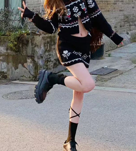 Slimming Knit Two Piece Sets for Women O Neck Long Sleeves Spliced Zipper Sweater High Waist Mini Skirt Set Female