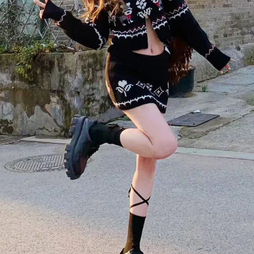 Load image into Gallery viewer, Slimming Knit Two Piece Sets for Women O Neck Long Sleeves Spliced Zipper Sweater High Waist Mini Skirt Set Female
