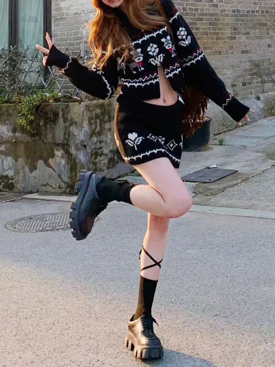 Slimming Knit Two Piece Sets for Women O Neck Long Sleeves Spliced Zipper Sweater High Waist Mini Skirt Set Female