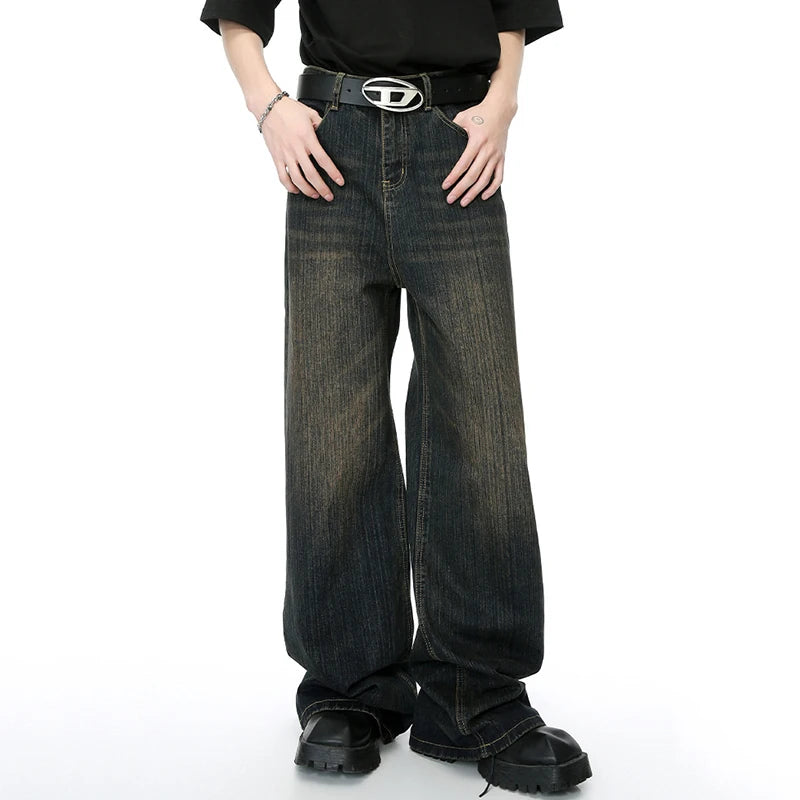 Worn Out Men's Jeans Retro Washed Male Straight Denim Trousers Trendy Gradient Color Wide Leg Pants Spring  9C4274