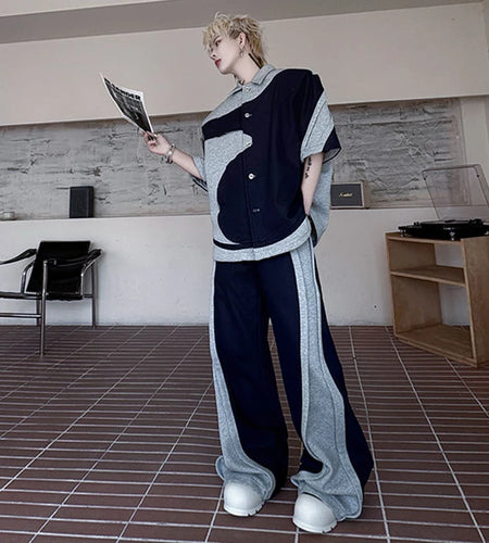 Men's Pants Set New Summer Contrast Color Short Sleeve Single Breasted Jacket Casual Pants Male Loose Suit 2025 9W1508