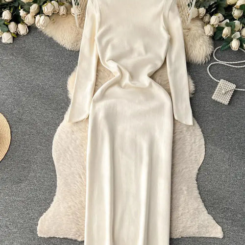 Load image into Gallery viewer, Women Beige Workwear Style Design Knit Dress Autumn Winter 2023 New Casual Half High Collar Black Pullover Office Lady Dress Y2k
