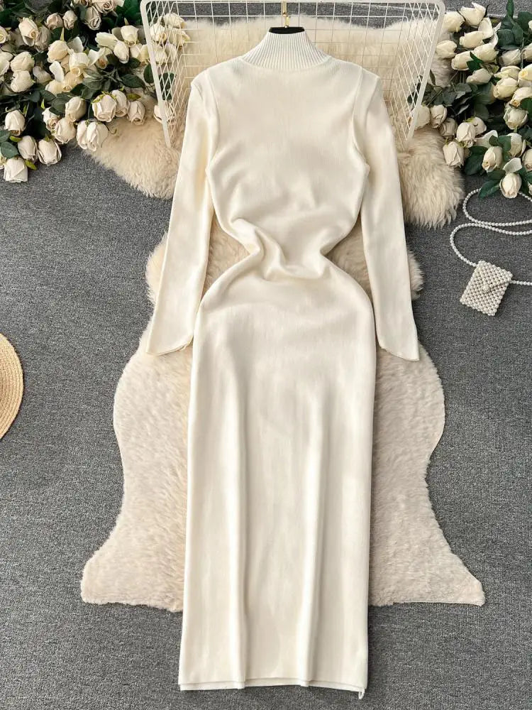 Women Beige Workwear Style Design Knit Dress Autumn Winter 2023 New Casual Half High Collar Black Pullover Office Lady Dress Y2k