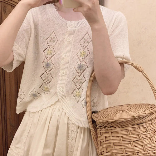 Load image into Gallery viewer, Kawaii Cute Floral Embroidery  Cardigan Women Thin Hollow Out Knitted Cardigans 2025 Summer Sweet O-neck Sweater Loose Tops
