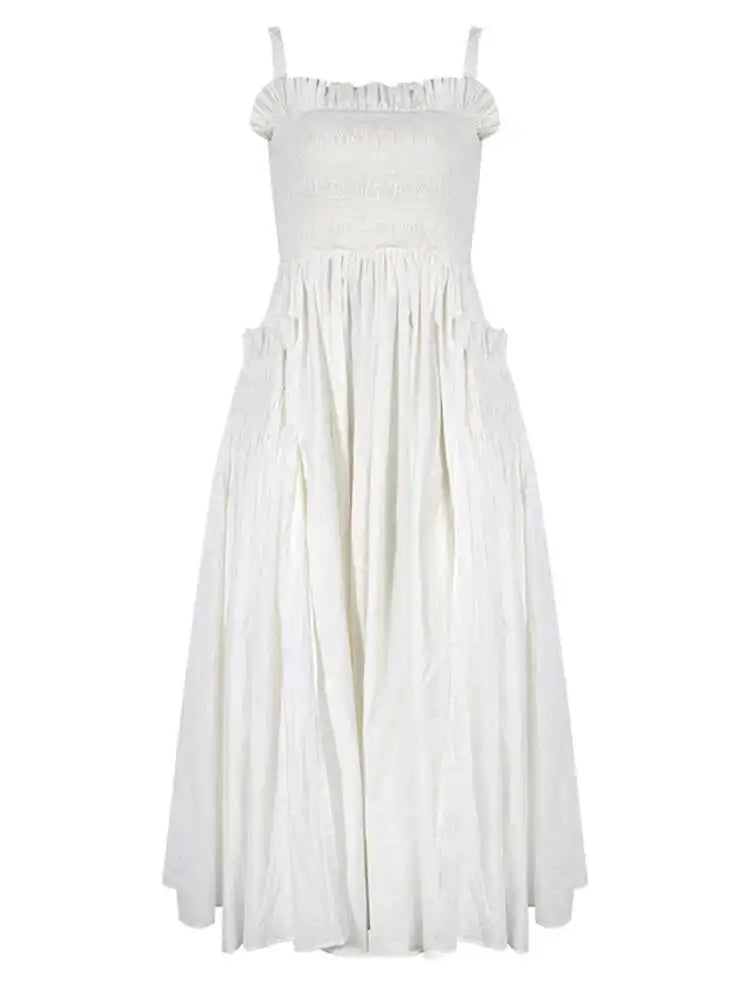 Women White Sling Backless Pleated Shrink Waist Slim Vintage Dress New Square Collar Fashion Spring Autumn 2025 JF54801