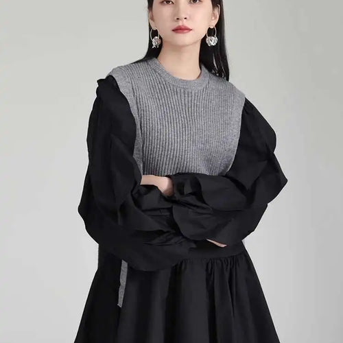 Load image into Gallery viewer, Women Black Knitting Color-block Ruffles Elegant Dress New Round Neck Long Sleeve Fashion Tide Spring Autumn 2025 1DH6758

