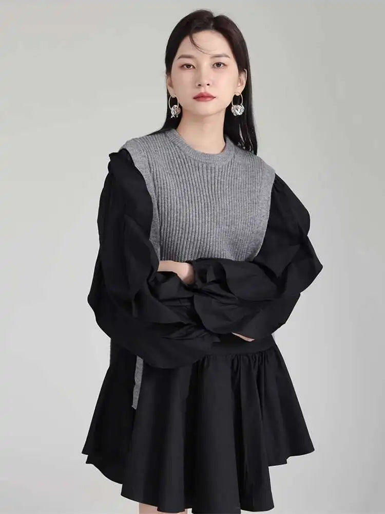 Women Black Knitting Color-block Ruffles Elegant Dress New Round Neck Long Sleeve Fashion Tide Spring Autumn 2025 1DH6758